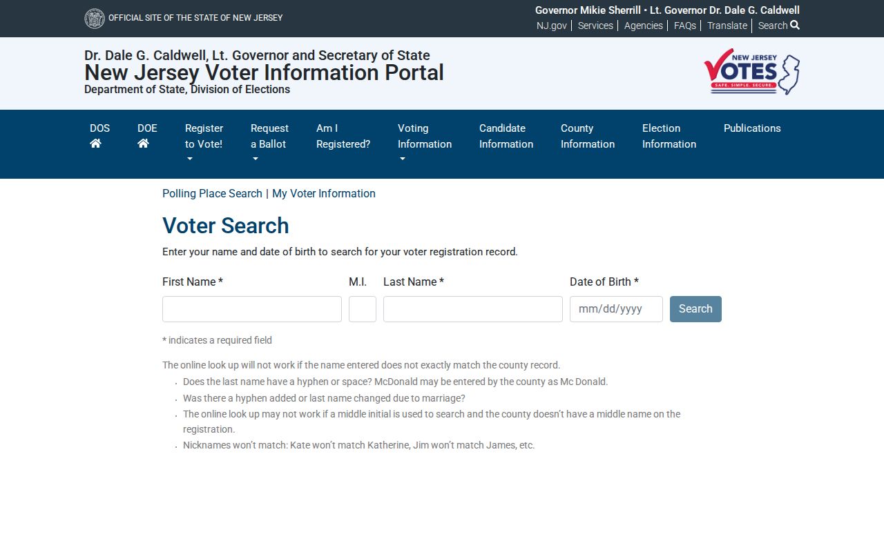 Old Bridge residents directory New Jersey voter status search form