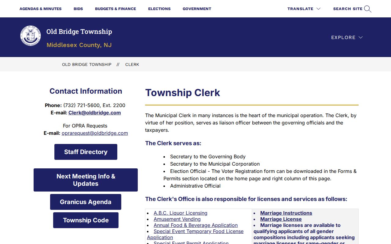 Old Bridge residents directory Clerk and OPRA records page