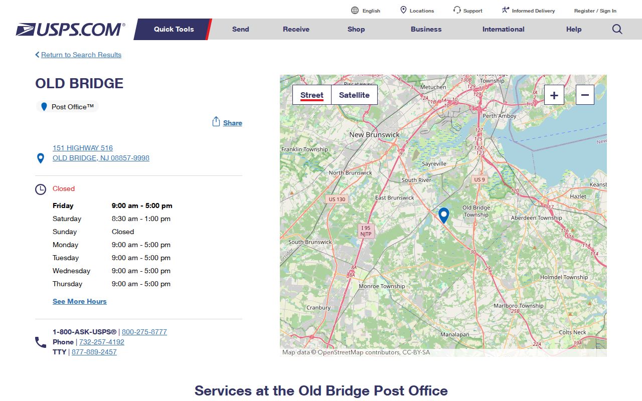 Old Bridge ZIP code directory reference showing the Old Bridge Post Office listing