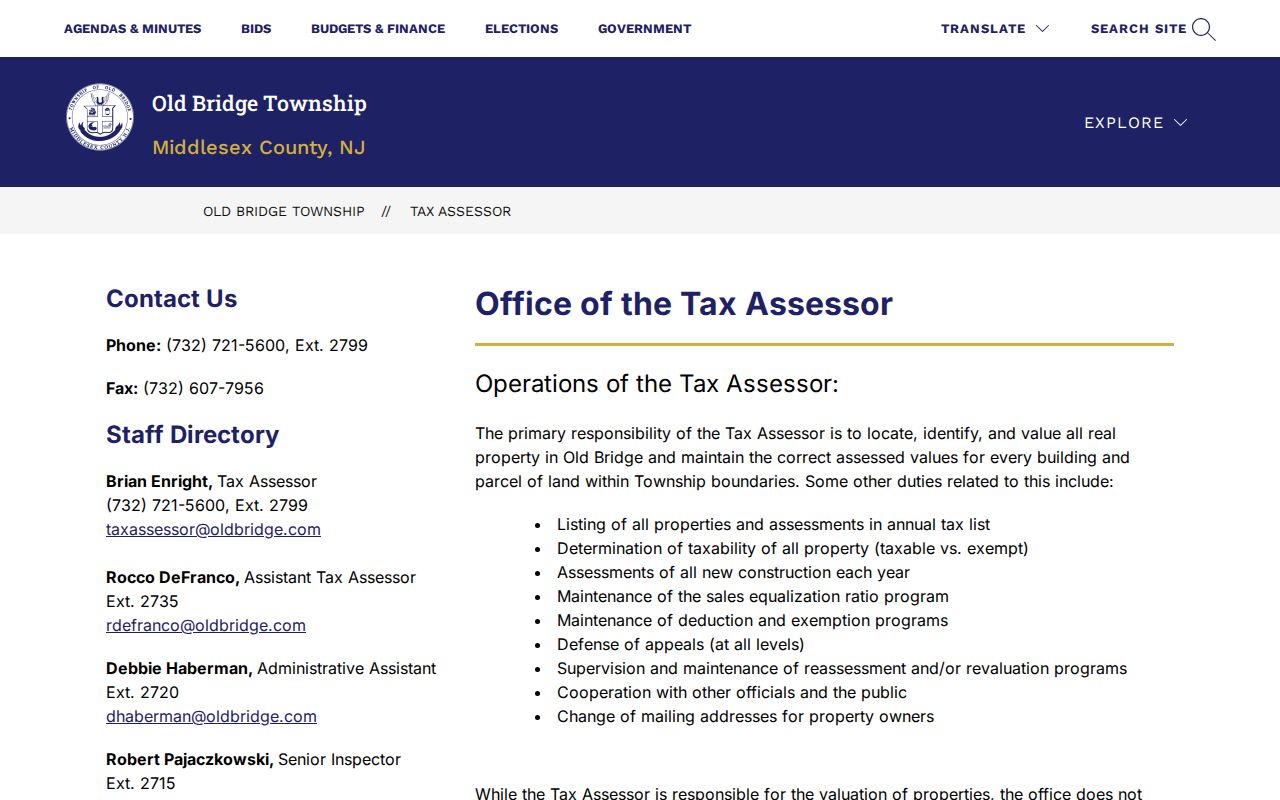 Old Bridge residents directory Tax Assessor official page